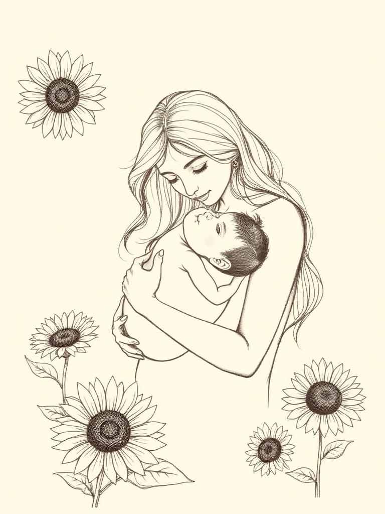 Hand-drawn sketch of Megan cradling her baby surrounded by sunflowers