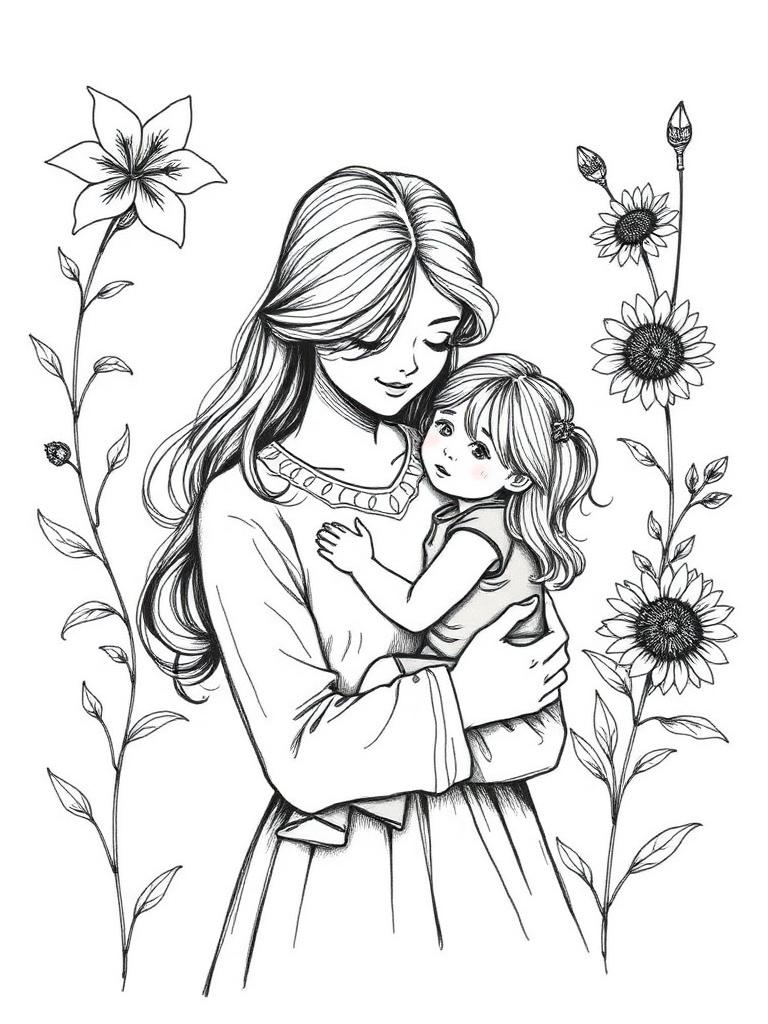 Hand-drawn sketch of Megan embracing her daughter among lilies and sunflowers