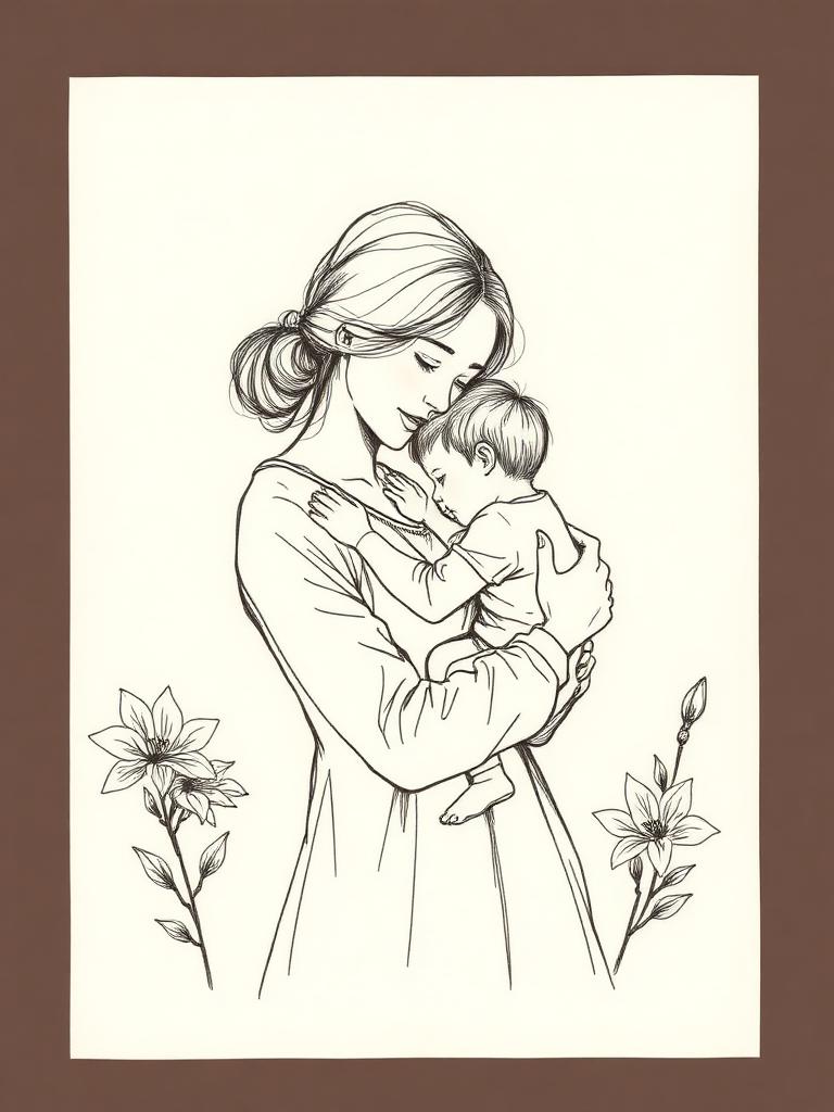 Hand-drawn sketch of Megan holding her young son close